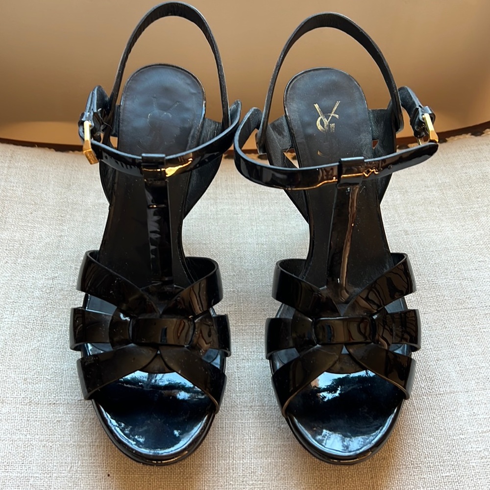 Yves Saint Laurent black patent leather Tribute platform sandal heels